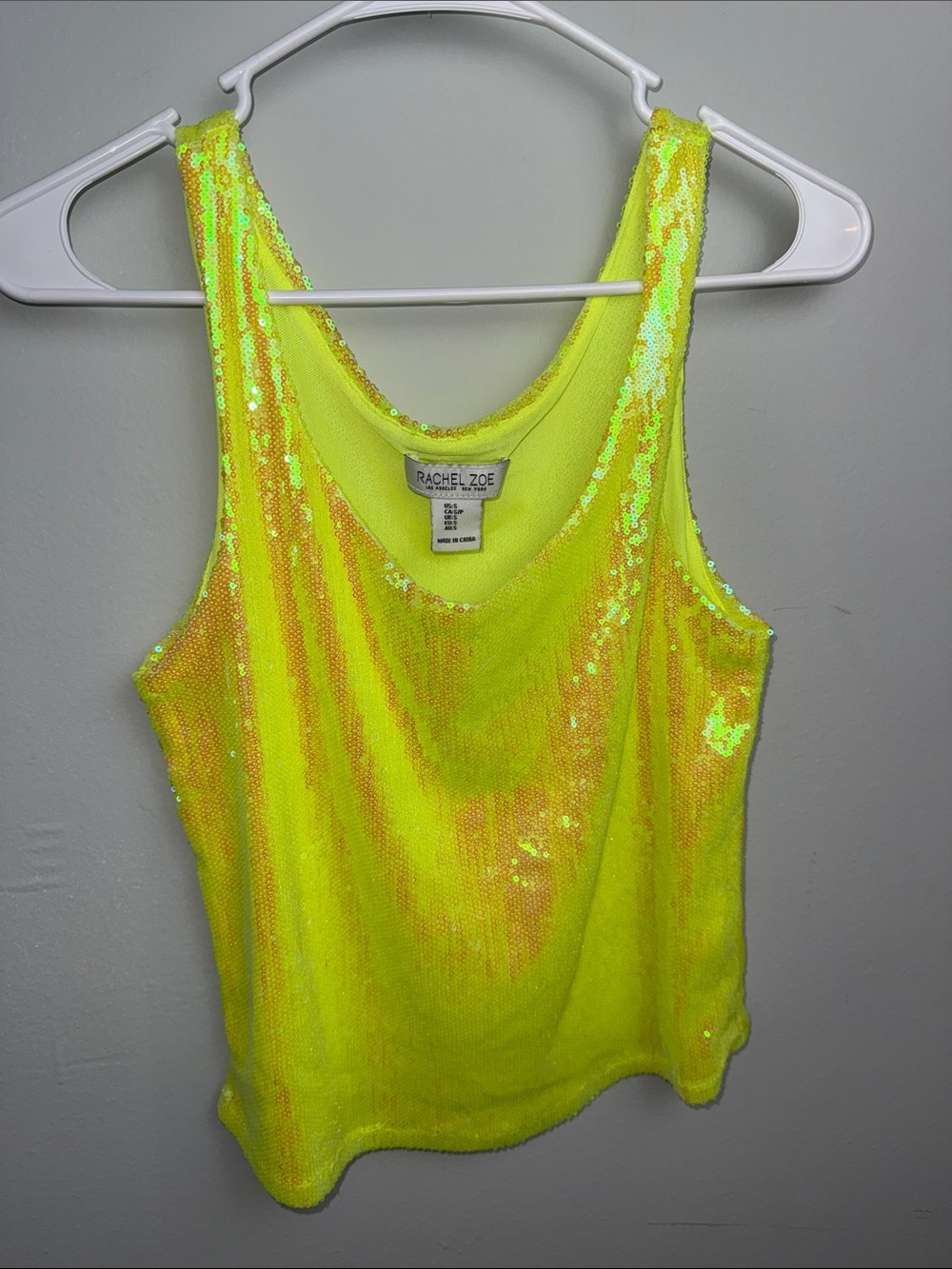 RACHEL ZOE Neon Yellow Sequin Tank Top ~ Small
